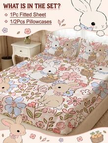 2/3 Piece Set Cute Rabbit & Floral Pattern Fitted Sheet, Fitted Sheet & Mattress Protector, Pink & White Plaid, Soft Comfortable Breathable, All Season, Fits All Bed Sizes (Twin/Full/King/Queen), Deep Pocket Design, Suitable For Bedroom, Dorm, Hotel, Machine Washable - Multicolor - View 2