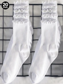 10 Pairs Women's Black & White Mixed Color Ruffle Edge Casual Versatile Mid-Calf Socks, Odor-Resistant, Sweat-Absorbent, Comfortable, Suitable For Students, Adults, Daily Wear, Gift - White - View 19
