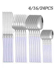 4/16/24pcs Stainless Steel Flat Cutlery Set, Universal For Home, Hotel, Restaurant - Silver-macaron Purple - View 1