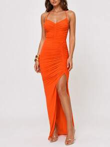 Women's Sexy Mesh Spaghetti Strap V-Neck Ruched Fitted High Slit Elegant Evening Party Nightclub Maxi Dress - Orange - View 3