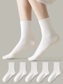 ZUJO 1/5 Pairs Women's Pure White Vertical Ribbed Mid-Calf Socks, Maternity Socks, Pregnancy Socks, Comfortable, Sweat-Absorbent, Breathable, Classic Versatile For Daily Casual Wear, Suitable For Spring, Autumn And Winter - White - View 3