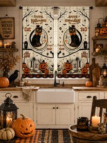 2pcs Vintage Halloween Curtains, Black Cat Moon Pumpkin Cemetery Skull Bat Print Curtain Fabric, Suitable For Living Room Bedroom Haunted House Party Decoration - F - View 2