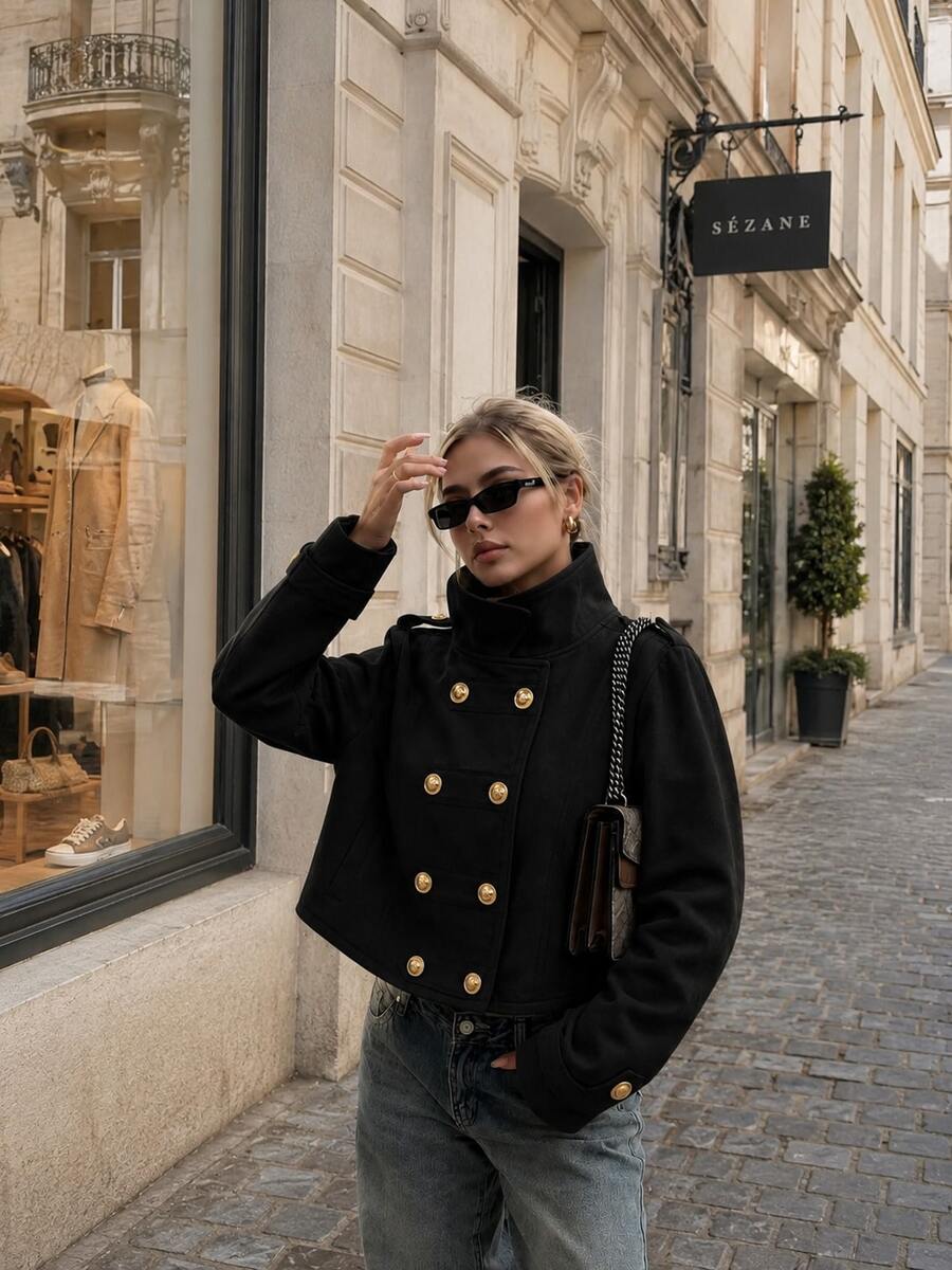 Women's Double-Breasted Long Sleeve Coat, Regular Length, Suitable For Spring, Autumn, Winter, Youthful Women's Autumn Jacket - Black - View 1