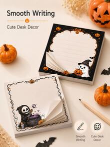1set/1book 50pcs Witch Ghost Pumpkin Theme Halloween Sticky Notes, Multiple Black White Orange Holiday Patterns Available, Skull, Magic Pot, Pumpkin Lantern, Bat, Ghost, Star And Bow Details, Square Large Writing Area With Decorative Border Design - Multiple Styles - View 7