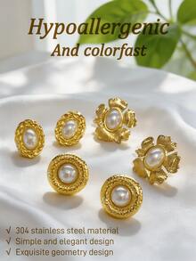 304 Stainless Steel Women's Pearl Earrings, Vintage Floral/Round/Oval Exaggerated Stud Earrings, Fashion Jewelry Gift, Premium Textured Earrings, Hypoallergenic And Fade-Resistant, Perfect For Commute, Date, Party And Other Occasions, Easily Enhance Your Outfit Elegance - Gold - View 1