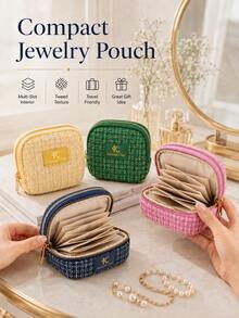 1pc Essential Tweed Portable Jewelry Storage Bag, Aesthetic Zipper Small Cosmetic Pouch, Compartment Organizer Box, Suitable For Necklaces, Earrings, Rings, Bracelets, Lipsticks, Travel And Home Use - Multicolor - View 2