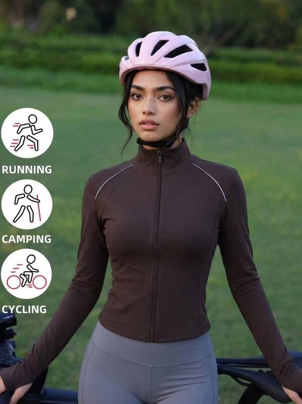 Never me Women's Slim Fit Waist-Cinched Thumbhole Long Sleeve Jacket, Stand Collar Full Zip Yoga Running Training Cardigan