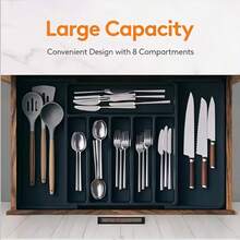 1pc Drawer Organizer Box, Expandable Kitchen Utensil Tray, Adjustable Plastic Spoon Fork Knife Storage Rack, Large Capacity Kitchen Accessories (Black, Grey, White) - Black - View 2