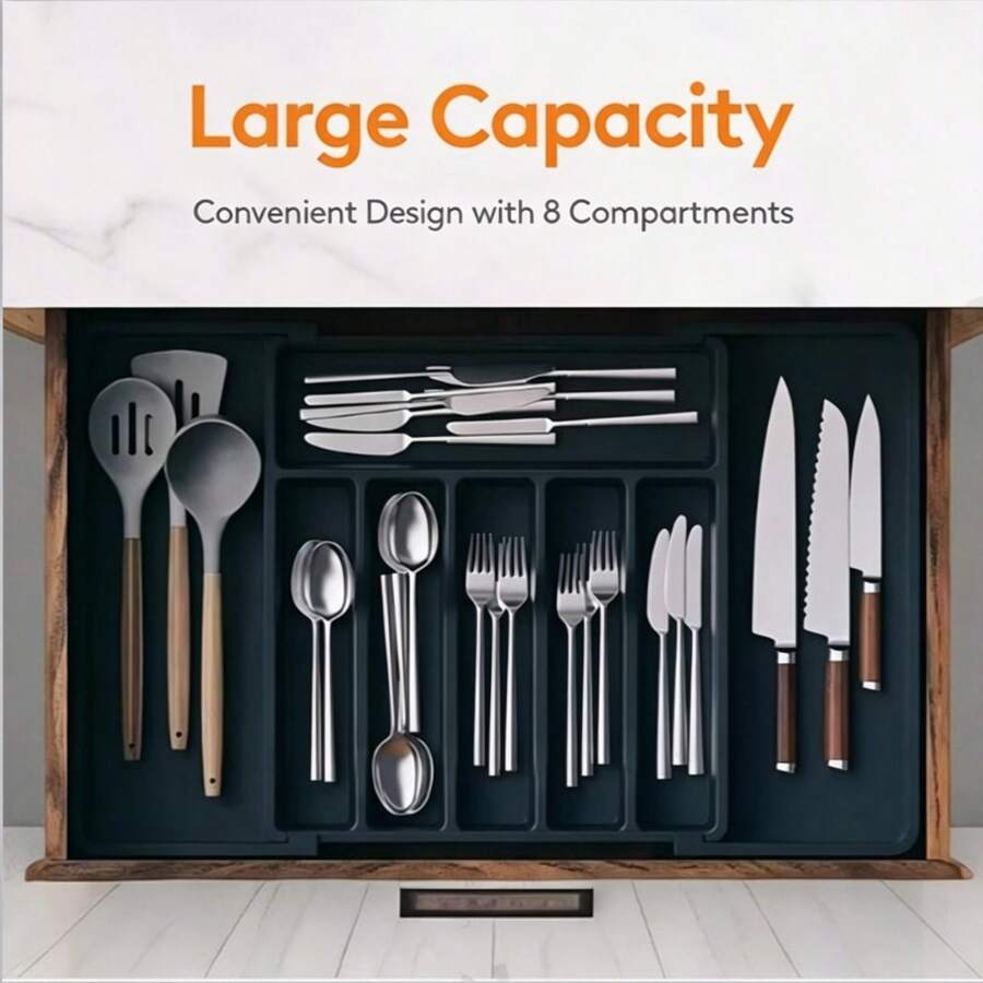 1pc Drawer Organizer Box, Expandable Kitchen Utensil Tray, Adjustable Plastic Spoon Fork Knife Storage Rack, Large Capacity Kitchen Accessories (Black, Grey, White)