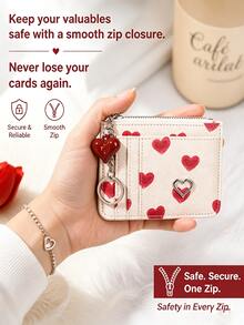 Women's Cute Y2K Red Heart Print PU Leather Card Holder With Keychain, Heart Charm & Metal Detail, Zipper Mini Wallet - White - View 7