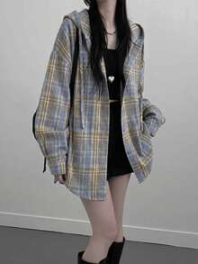 Women's Spring/Autumn Casual Daily Office Commute College Style Printed Drop Shoulder Loose Long Sleeve Shirt - Yellow and Blue - View 1