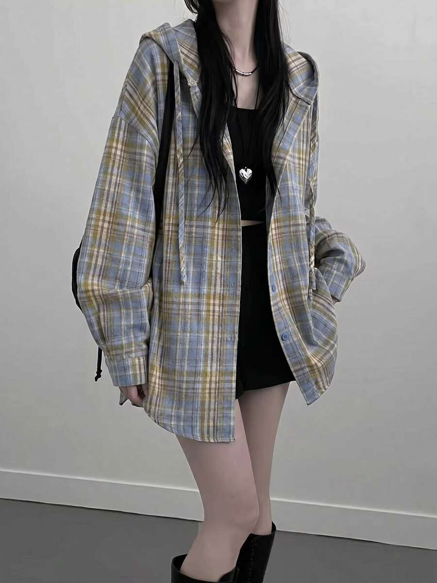 Women's Spring/Autumn Casual Daily Office Commute College Style Printed Drop Shoulder Loose Long Sleeve Shirt - Yellow and Blue - View 1
