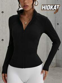 Hidkat Women's Fashion Solid Color Zipper Front Stand Collar Yoga Casual Sports Knit Jacket - Black - View 1