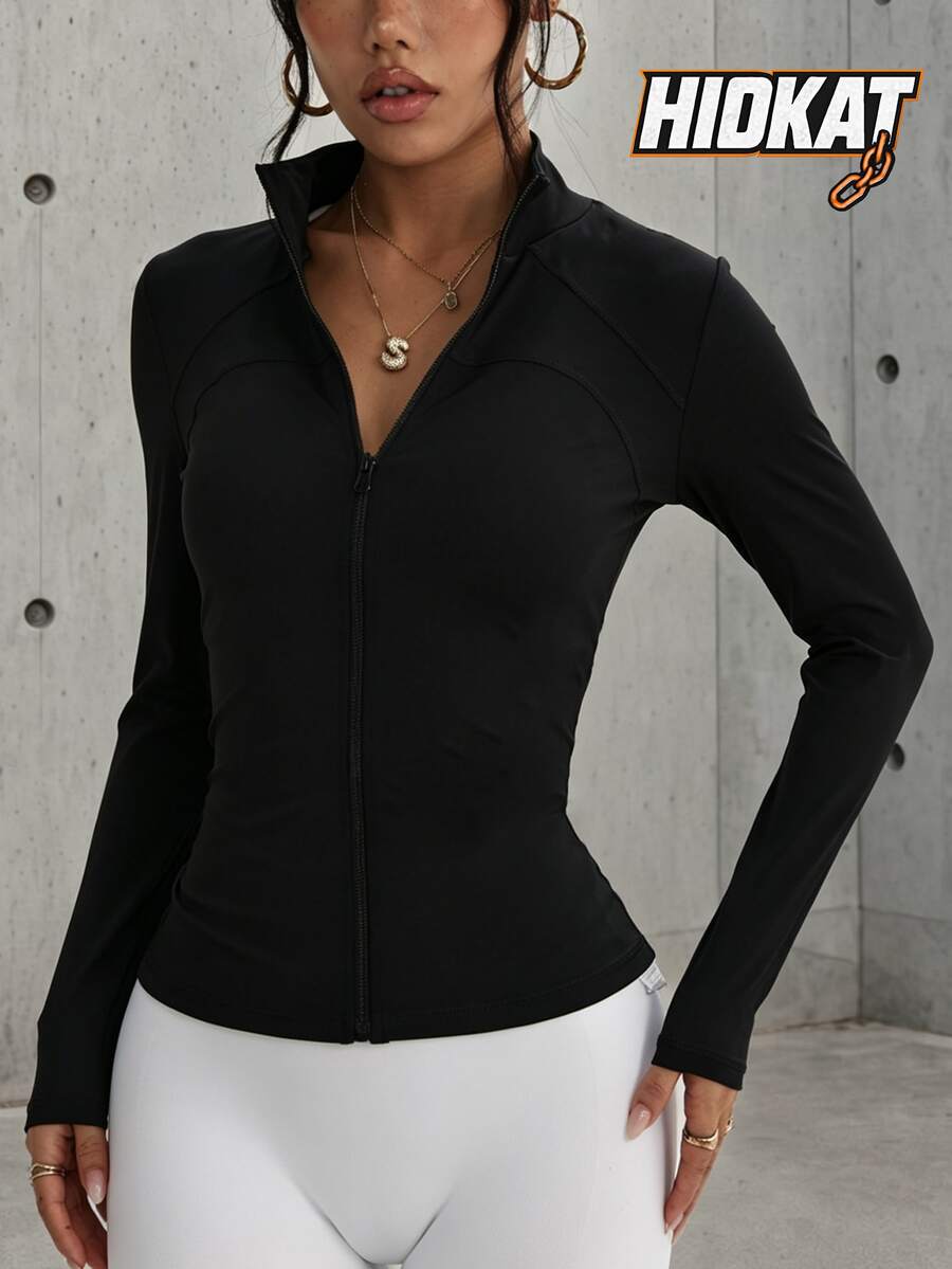 Hidkat Women's Fashion Solid Color Zipper Front Stand Collar Yoga Casual Sports Knit Jacket - Black - View 1