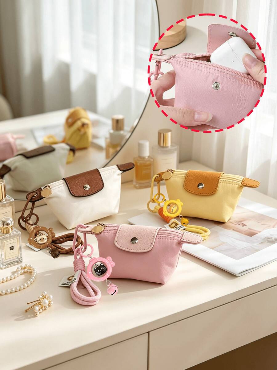 Color‑Block Mini Dumpling Pouch Set, Nylon Coin Purse With Cat Fish Keychain Charm & Bell Pendant, Portable Lipstick Earbud Car Key Storage Bag - Multicolor - View 1
