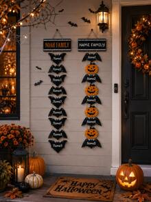 Personalized Family Name Halloween Door Sign, Customized Bat And Pumpkin Hanging Plaque, Spooky Country Style Wall Decor, Suitable For Front Door, Porch And Home Residence - Multicolor - View 8