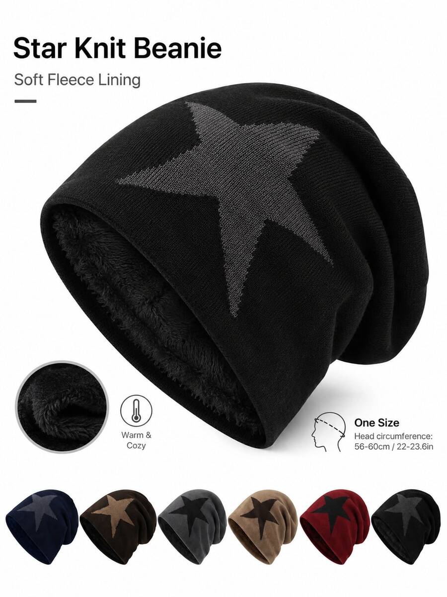 1pc Men's Star Jacquard Knit Beanie With Warm Lining - Multicolor - View 1