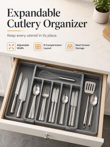 1pc Drawer Organizer Box, Expandable Kitchen Utensil Tray, Adjustable Plastic Spoon Fork Knife Storage Rack, Large Capacity Kitchen Accessories (Black, Grey, White) - Black - View 3