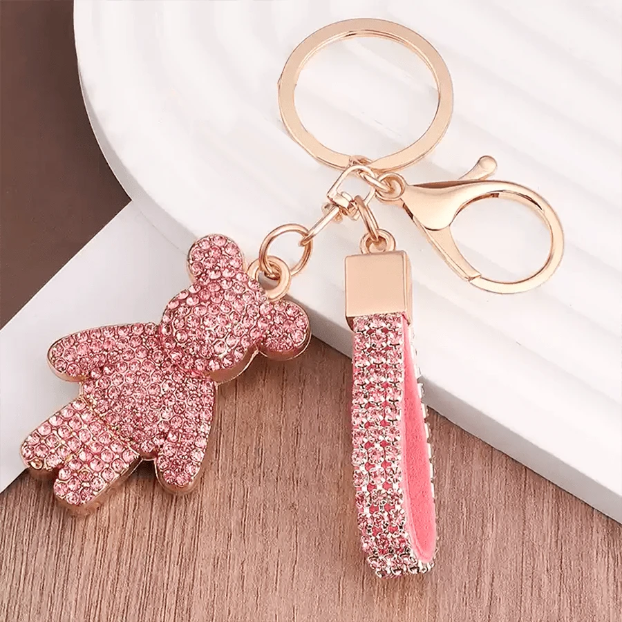 An Internet Celebrity Diamond-Studded Bear Keychain For Women, Cute, Creative, Exquisite Small Bear Car Key Pendant, Bag Charm - Pink - View 1