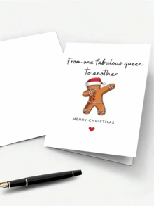 1pc Playful Gingerbread Man Christmas Card With Envelope, Printed Dancing Gingerbread Santa Hat Art, "From One Extraordinary Queen To Another Queen", Exclusive For Best Friends, Secret Christmas Gift Exchange, Blank Inside - A - View 3