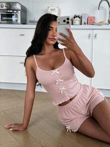 2pcs/Set Women's Bow Decor Ribbed Pajama Set, Wavy Edge Camisole Top And Elastic Waist Shorts, Sweet Home Sleepwear - Pink - View 6