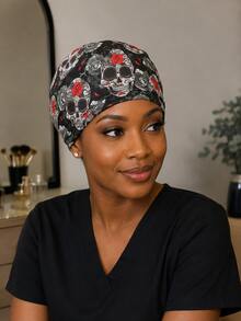 Skull Floral Printed Stretch Turban Cap, Soft Breathable Hair Wrap For Daily Wear & Halloween Party, Unique Holiday Gift For Women - Multicolor - View 4