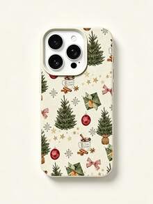 Phone Case - White Lychee Pattern Watercolor Christmas Print Element Design Phone Case, Suitable For IPhone 18 Pro Max 17 16E 16 15 14 13 12 11 Pro Max, Phone Back Cover Protection, Scratch-Resistant Wear-Resistant Shock-Proof Smartphone Protective Case - Multicolor - View 2