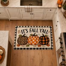 1pc Autumn Pumpkin Print Faux Cashmere Doormat, "Fall Y'all" Autumn Slogan, Three Pumpkins & Black And White Plaid Pattern Rug, Rustic Farmhouse Style Autumn Harvest Home Decor, Suitable For Entryway, Kitchen, Living Room, Bedroom - Multicolor - View 1