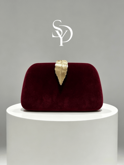 1 pièce Sac de soirée vintage en velours bordeaux incurvé avec fermoir en feuille d'or, pochette à coque rigide, bandoulière amovible, sac à bandoulière de luxe pour mariée, mariage, fête, robe de cérémonie