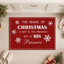 1件裝聖誕文字標語仿羊絨地毯「The Magic Of Christmas His Presence」雪花印花地毯，節日居家裝飾，適用於玄關、廚房、客廳、臥室 - 彩色 - 查看 1
