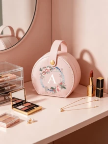 1pc/10pcsA‑Z Pink Romantic Floral Wreath Letter Jewelry Box, Semi‑Circular, Snap‑Button Carry Handle, Divided Inner Lining, Portable Personalized Case With Pink Wreath & White Letters, All‑Season Style, Great Gift For Girlfriends And Bridesmaids - Multicolor - View 5