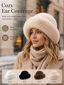 Autumn/Winter New Thickened Plush Hat, Warm Winter Faux Mink Fur Style, Solid Color Versatile, Windproof & Cold-Resistant Ear Protection, Luxurious Fluffy Touch, Comfortable & Skin-Friendly, Suitable For Fashionable Elegant Sophisticated Women - Multicolor - View 3