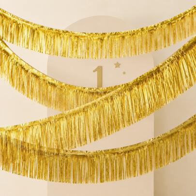 200*30cm Gold Metallic Foil Tassel Garland Banner, Shiny Fringe Banner For Baby 1st Birthday, Baby Shower, Dessert Table, High Chair And Photo Backdrop Decoration