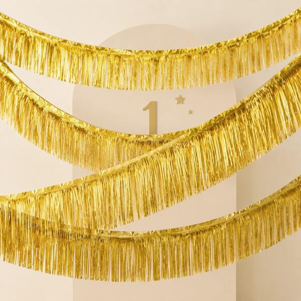 Guirnalda de flecos de lámina metálica dorada de 200*30cm, pancarta de flecos brillantes para el primer cumpleaños del bebé, baby shower, mesa de postres, silla alta y decoración de fondo fotográfico
