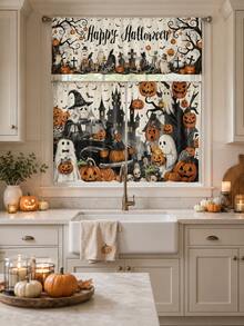 3pcs Happy Halloween Kitchen Curtain Set, Ghost Pumpkin Haunted Castle Truck Graveyard Print Tier Panels With Valance For Spooky Farmhouse Window Decor - E - View 8