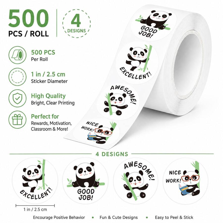500pcs/Roll Giant Panda Encouragement Doodle Stickers, 1 Inch Round, 8 ...