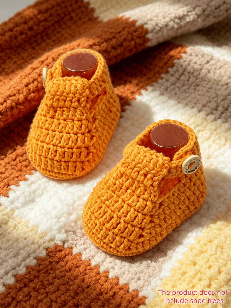 1 Pair Handmade Crochet Infant Boots, Red With Button Closure, Infant Shoes - Orange - View 1