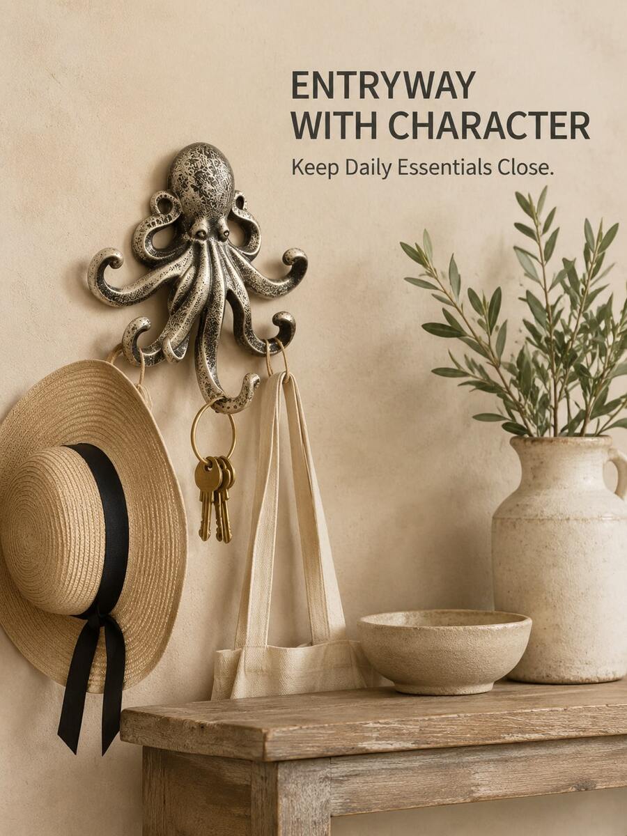 1pc Vintage Cast Iron Octopus Wall Hook, Rustic Nautical Metal Multi-Function Hook For Keys, Coats, Towels, Hats And Bags, Bathroom, Entryway And Coastal Home Decor Wall Storage Rack - View 1