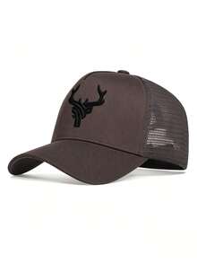 1 Men's Antler Embroidery Baseball Mesh Cap Outdoor Adjustable Sunscreen Casual Hat Suitable For Spring And Summer Travel Beach Party - Coffee Brown - View 10