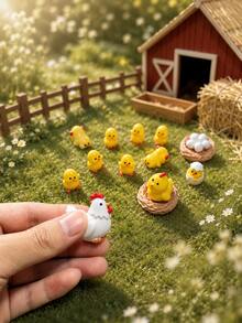13pcs Mini Chicken Family Resin Figurines, Chicken Theme Desktop Garden Yard Decor, Resin Landscape Decoration, Suitable For Home Party Decoration - A - View 3