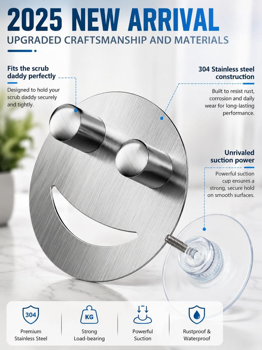 1pc Stainless Steel Smiling Face Sponge Holder, Durable Sink Storage Rack With Suction Cup, Space-Saving Brush Organizer, Keeps Sponge Dry, Suitable For Dishwasher, Kitchen, Bathroom Sink, Home, RV And Apartment Accessories - Multicolor - View 1