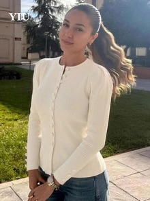 YIU Women's Ribbed Knit Long Sleeve Top, Button Front, Puff Sleeve Design, High Elasticity Crew Neck Blouse, Creating A Vintage Look - White - View 4