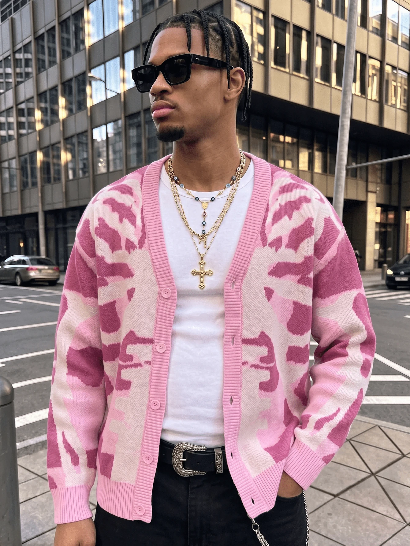 ANDREILEE Men's American Vintage Fashion Casual Street Style Colorblock Pattern Button-Up Cardigan V-Neck Long Sleeve Loose Ribbed Knit Sweater Jacket Autumn/Winter - Pink - View 1