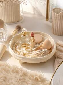 1pc Cream Style Vanity Storage Tray, Round With Feet Cosmetic Organizer, Elegant Jewelry Storage Tray For Rings, Earrings, Watches, Perfume And Small Accessories, Vanity Bedroom Bathroom Countertop Decor - Multicolor - View 6