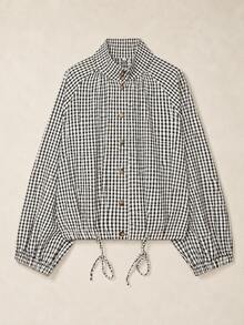 Women's Long Sleeve Stand Collar Adjustable Drawstring Hem Plaid Lightweight Jacket - Black and White - View 1
