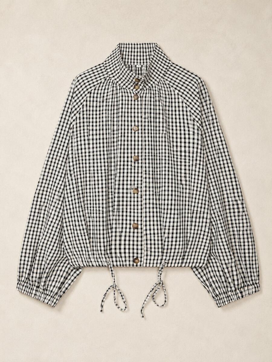 Women's Long Sleeve Stand Collar Adjustable Drawstring Hem Plaid Lightweight Jacket - Black and White - View 1