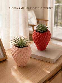 Mini Strawberry Planter - Made Of 3D Printed Plastic, This Fresh Pastoral Style Red/Pink Strawberry Shaped Planter Features 3D Fruit Texture, Suitable For Planting Desktop Succulents And Air Plants - Multicolor - View 2