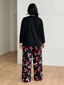 Women's Autumn/Winter Long Sleeve Long Pants Pajama Set, 2-Piece, Plus Size Loungewear Set - Black - View 2