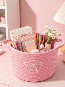 1pc Large Capacity Exquisite Bow Embroidery Pattern Storage Basket, Perfect For Storing Toys, Stationery, Perfume, Cosmetics, Gifts, Miscellaneous Items, Holiday Gift Packaging, Home Decor - Pink - View 6