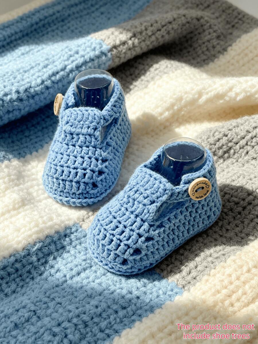 1 Pair Handmade Infant Crochet Booties, Red With Button Closure, Infant Shoes - Baby Blue - View 1